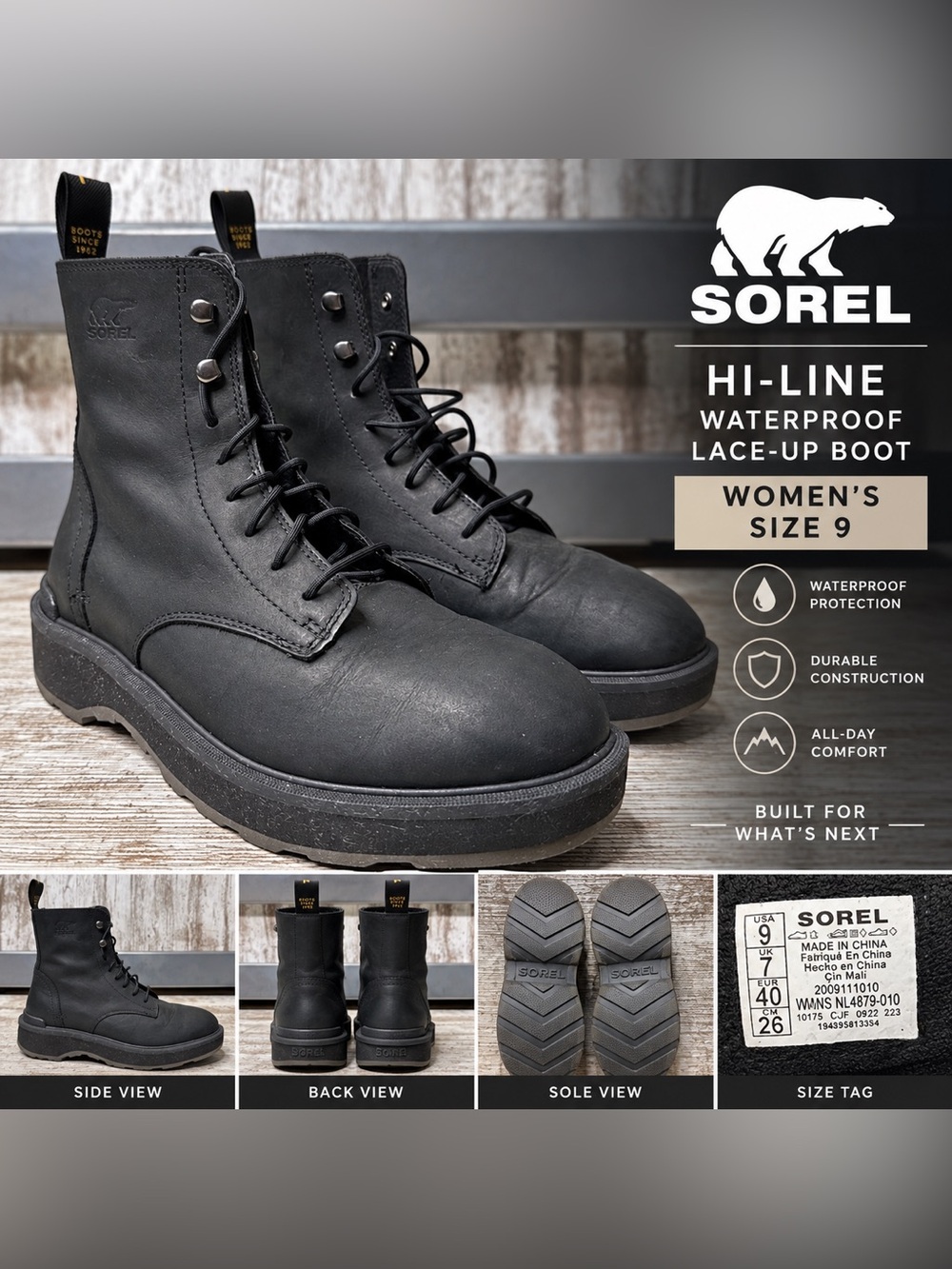 Sorel Hi-Line Waterproof Lace-Up Boots Women’s Size 9 Black Leather Combat Boots